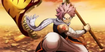 Natsu segurando a bandeira da guilda em arte promocional da temporada final de Fairy Tail