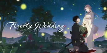 Satoko e Shinpei sob um céu estrelado com vagalumes na arte oficial de Firefly Wedding