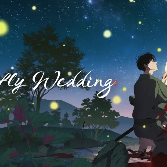Satoko e Shinpei sob um céu estrelado com vagalumes na arte oficial de Firefly Wedding