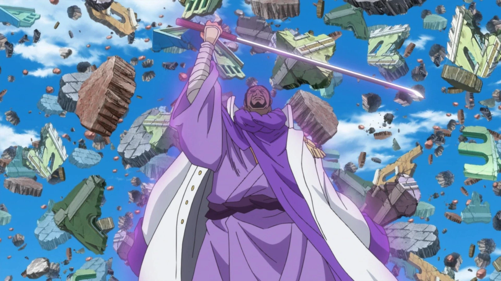 Fujitora suspende destroços com o poder da gravidade em One Piece