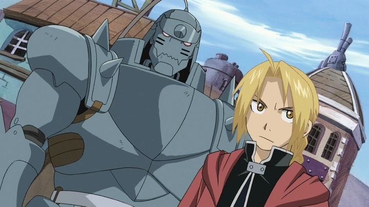 Edward, de casaco vermelho, e Alphonse, em sua armadura, em Fullmetal Alchemist: Brotherhood