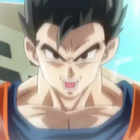 Gohan em seu estado Ultimate, com cabelo preto, uniforme laranja e aura branca