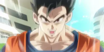 Gohan em seu estado Ultimate, com cabelo preto, uniforme laranja e aura branca