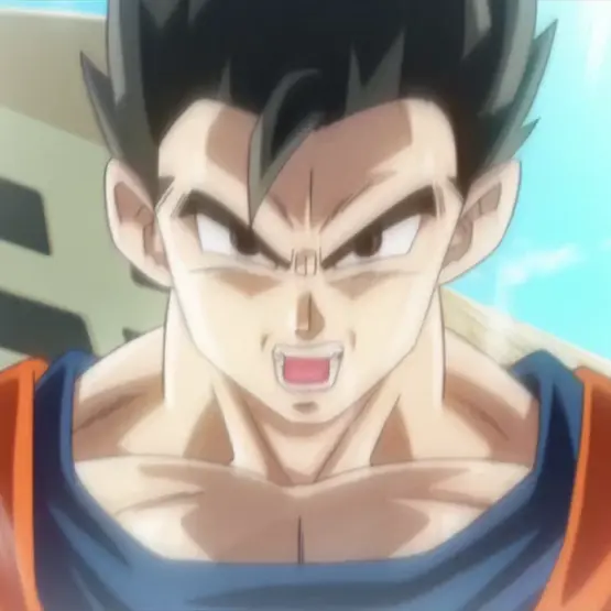 Gohan em seu estado Ultimate, com cabelo preto, uniforme laranja e aura branca