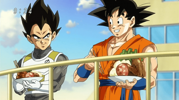 Vegeta e Goku comendo juntos em Dragon Ball Super