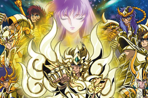 Aiolia e outros Cavaleiros de Ouro em arte de Soul of Gold