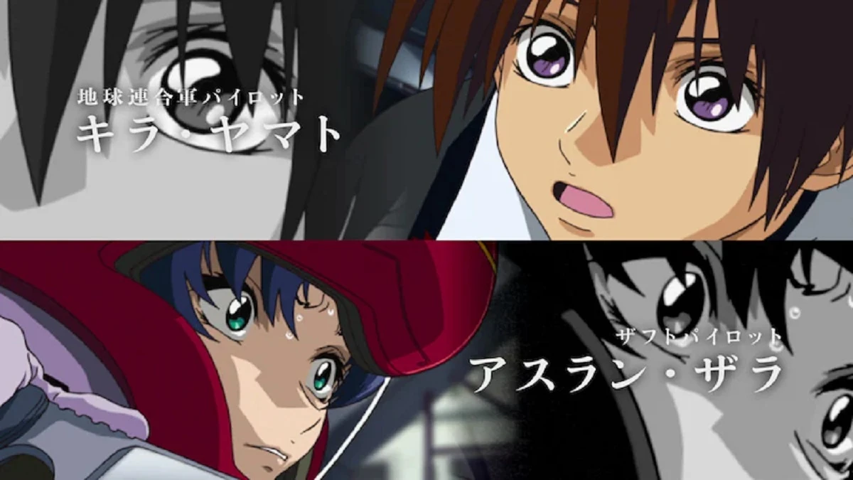 Kira e Athrun em divulgação dos filmes compilatórios de SEED