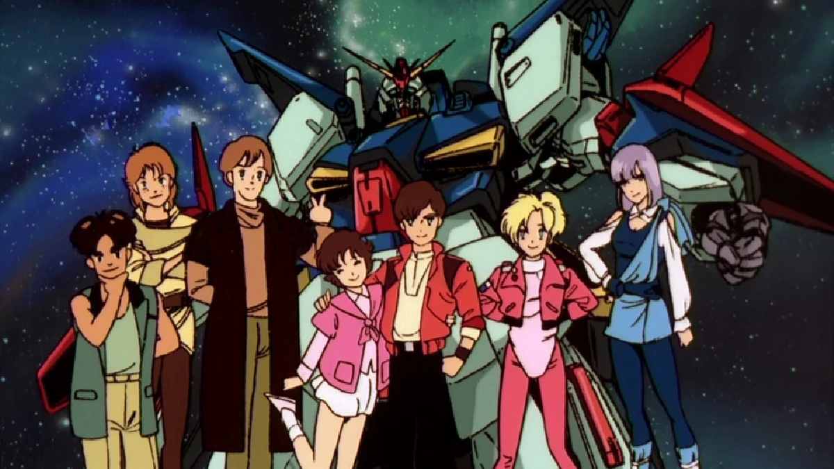 Judau e o elenco de Mobile Suit Gundam ZZ diante dos mobile suits