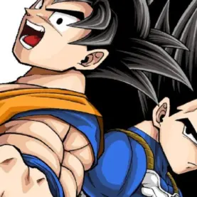 Goku e Vegeta em suas formas base, com cabelos pretos, em ilustração do acervo de Dragon Ball Heroes.