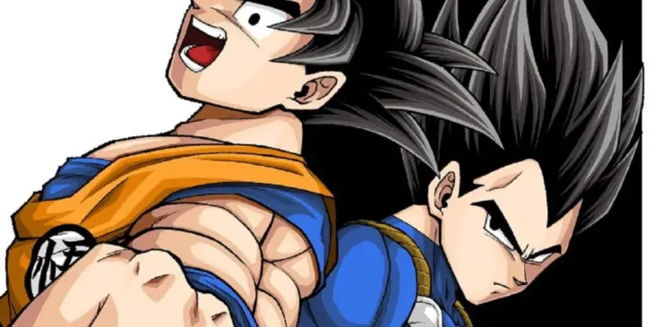 Goku e Vegeta em suas formas base, com cabelos pretos, em ilustração do acervo de Dragon Ball Heroes.