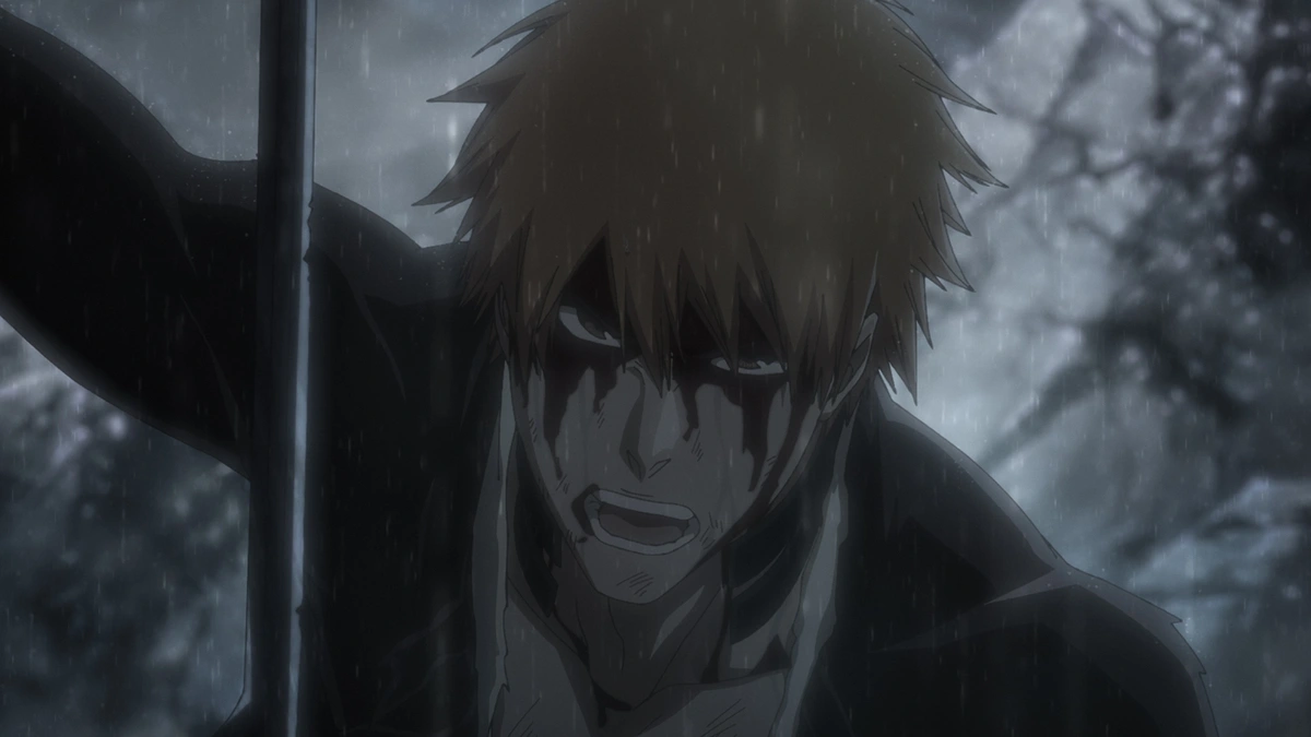 Ichigo ergue sua Tensa Zangetsu na chuva no começo de Thousand-Year Blood War