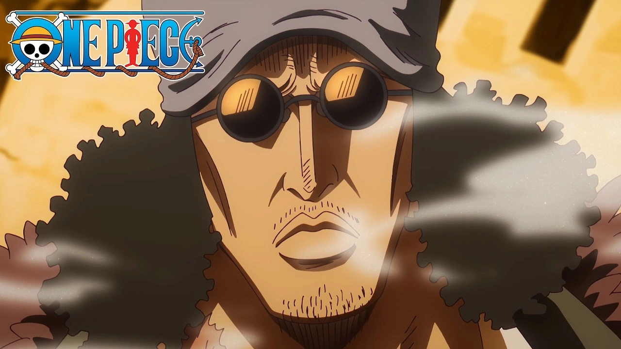 Kuzan de óculos escuros e gorro, em um close de One Piece
