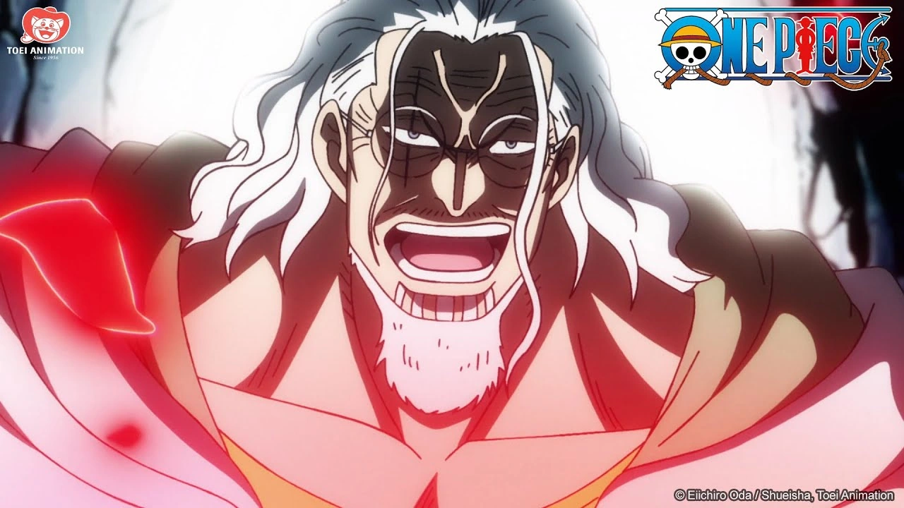 Silvers Rayleigh surge sorrindo e cercado por uma aura vermelha em One Piece