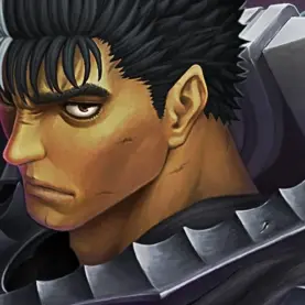 Guts em close usando armadura escura em ilustração de Berserk