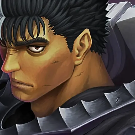 Guts em close usando armadura escura em ilustração de Berserk