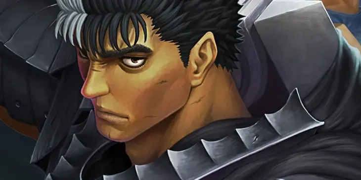 Guts em close usando armadura escura em ilustração de Berserk