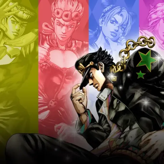 Montagem de protagonistas de JoJo’s Bizarre Adventure, com Jotaro à frente e Josuke de JoJolion à direita