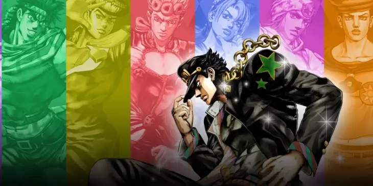 Montagem de protagonistas de JoJo’s Bizarre Adventure, com Jotaro à frente e Josuke de JoJolion à direita