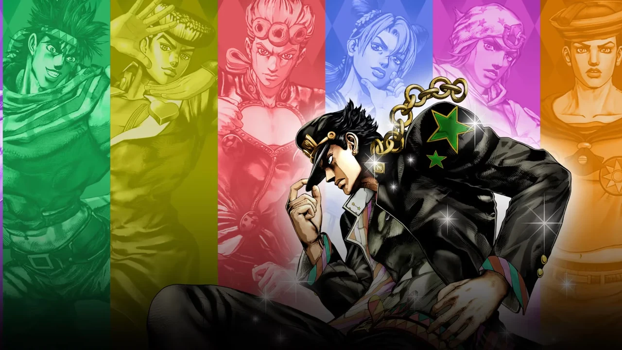 Montagem dos protagonistas de JoJo, incluindo Josuke de JoJolion à direita