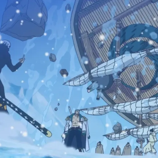 Trafalgar Law manipula um navio com ROOM em Punk Hazard