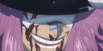 Loki sorrindo, com os olhos enfaixados e um capacete de chifres, no anime One Piece.