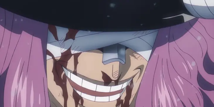 Loki sorrindo, com os olhos enfaixados e um capacete de chifres, no anime One Piece.