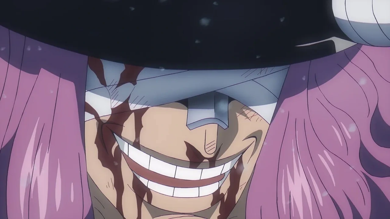 Loki sorrindo, com os olhos enfaixados e um capacete de chifres, no anime One Piece.