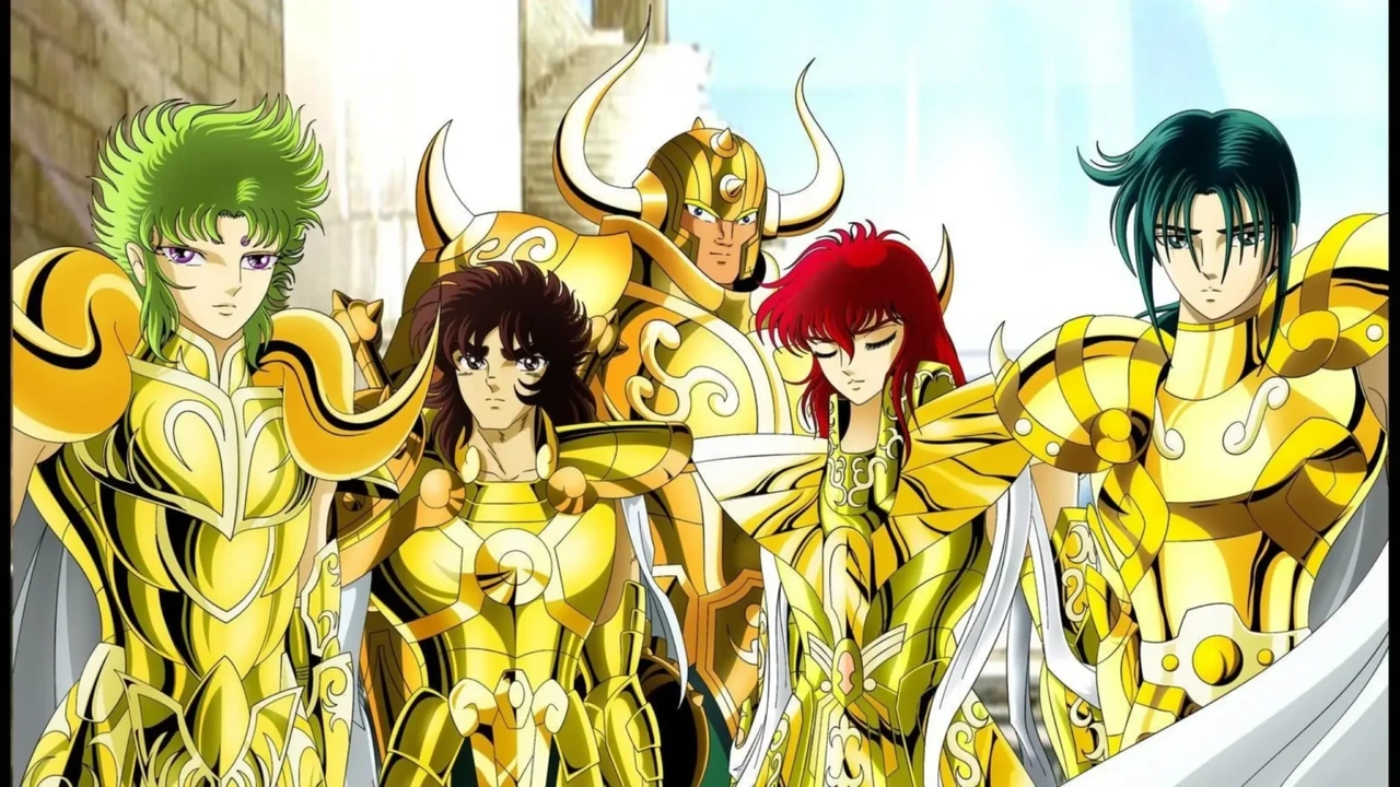 Grupo de cinco Cavaleiros de Ouro com armaduras douradas em The Lost Canvas.
