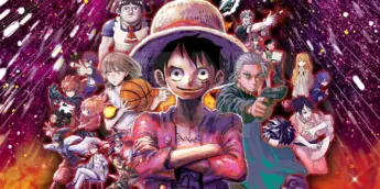 Montagem de personagens de mangá com Luffy, de chapéu de palha e braços cruzados, ao centro.