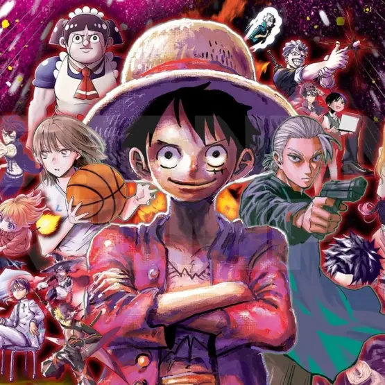 Montagem de personagens de mangá com Luffy, de chapéu de palha e braços cruzados, ao centro.