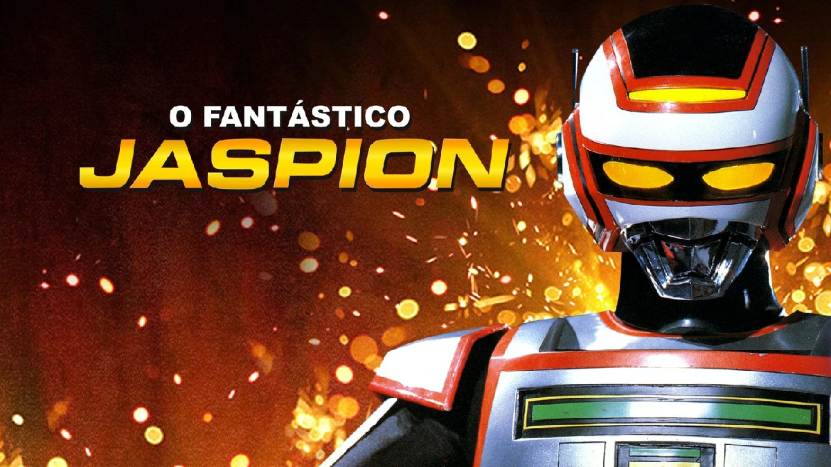 Arte de divulgação de O Fantástico Jaspion com o herói de armadura e o logotipo da série