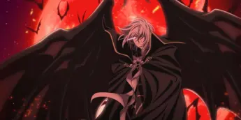 Strauss diante de uma lua vermelha na arte de The Record of a Fallen Vampire
