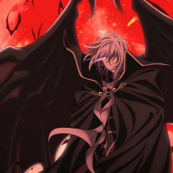 Strauss diante de uma lua vermelha na arte de The Record of a Fallen Vampire