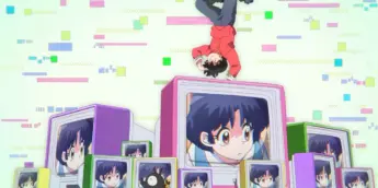 Ranma e Akane aparecem em televisores na abertura da terceira temporada de Ranma 1/2