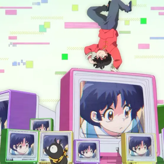 Ranma e Akane aparecem em televisores na abertura da terceira temporada de Ranma 1/2