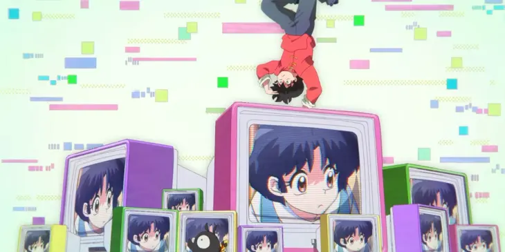 Ranma e Akane aparecem em televisores na abertura da terceira temporada de Ranma 1/2