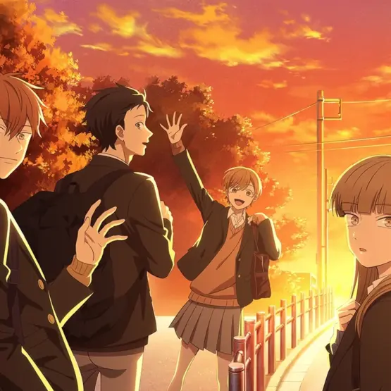 Minato, Yota, Miki e Koyuki no caminho da escola ao pôr do sol