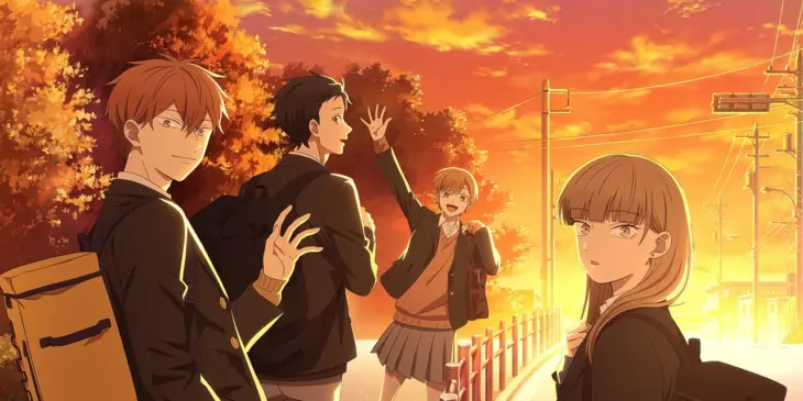 Minato, Yota, Miki e Koyuki no caminho da escola ao pôr do sol