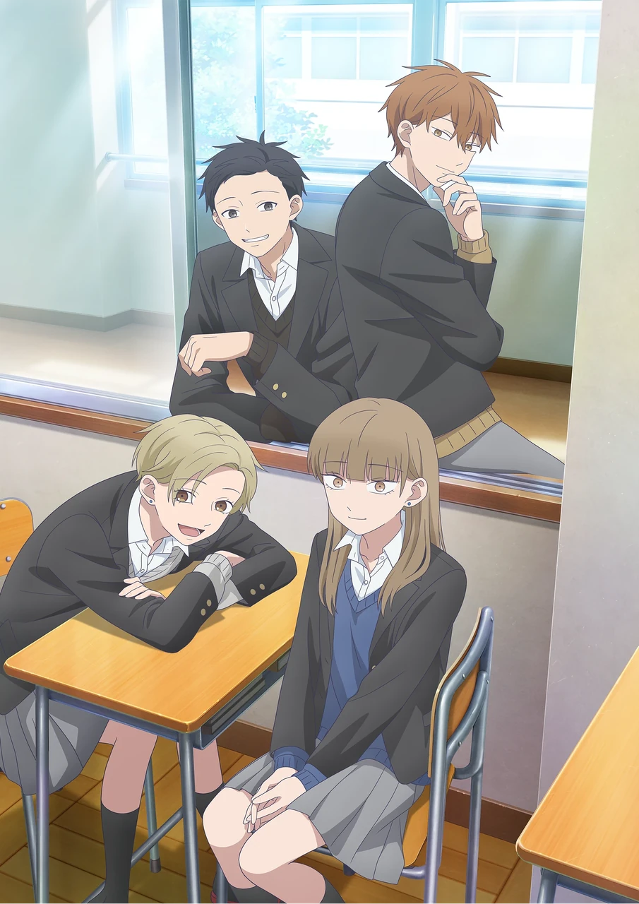 Koyuki, Miki, Minato e Yota reunidos em uma sala de aula