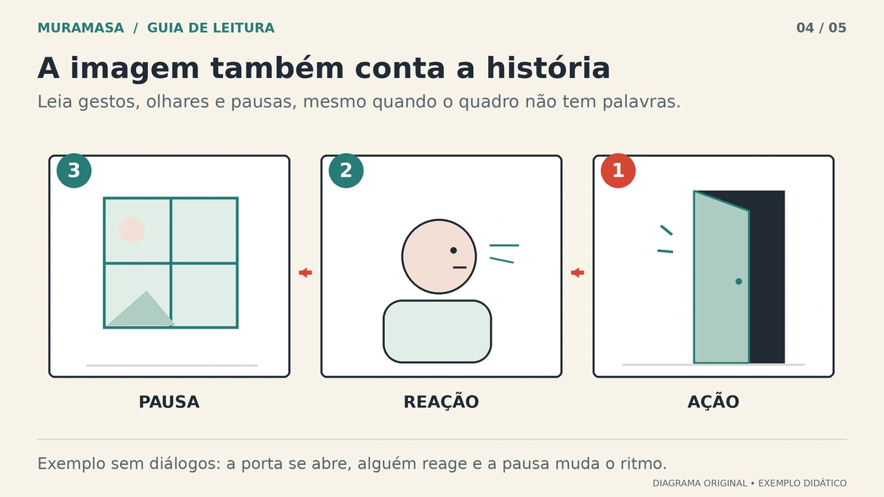 Três quadros originais, lidos da direita para a esquerda: uma porta aberta, uma pessoa olhando e uma janela durante a pausa.