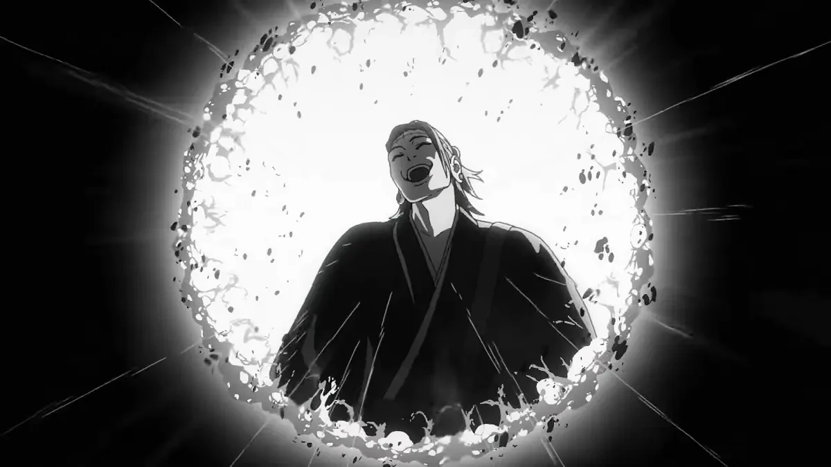 Kenjaku diante de um círculo luminoso na abertura da terceira temporada de Jujutsu Kaisen
