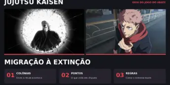 Montagem editorial de Jujutsu Kaisen com Kenjaku e Yuji, sobre colônias, pontos e regras
