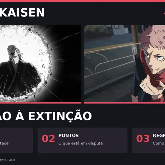 Montagem editorial de Jujutsu Kaisen com Kenjaku e Yuji, sobre colônias, pontos e regras