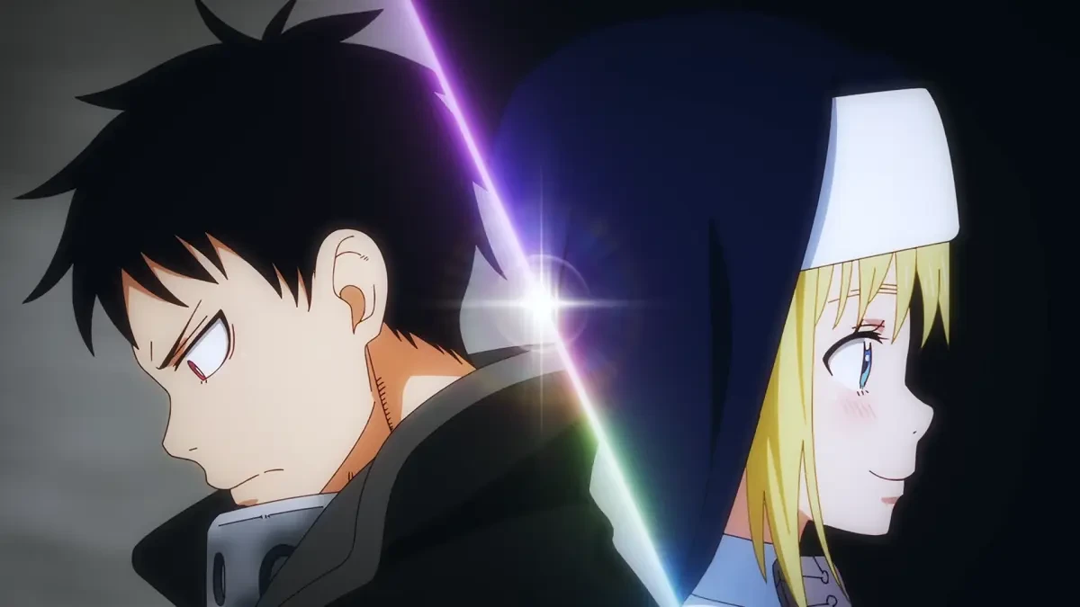 Shinra e Iris de perfil na abertura da segunda parte da temporada final de Fire Force
