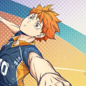 Hinata salta para atacar em uma ilustração oficial de Haikyu!!, com Kageyama ao fundo