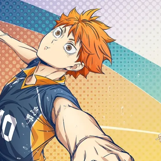 Hinata salta para atacar em uma ilustração oficial de Haikyu!!, com Kageyama ao fundo