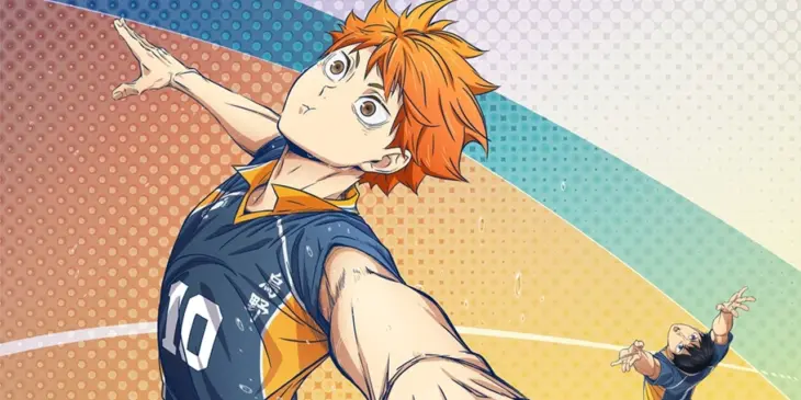 Hinata salta para atacar em uma ilustração oficial de Haikyu!!, com Kageyama ao fundo