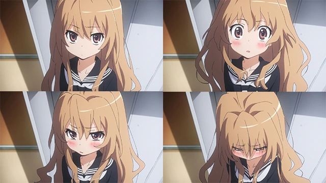 Quatro expressões de Taiga Aisaka em uma montagem oficial de Toradora!