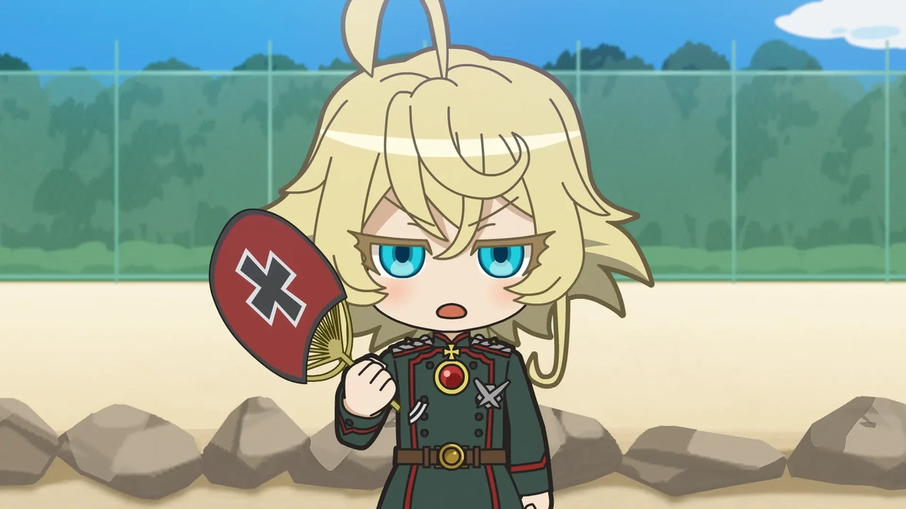 Tanya em desenho chibi, com cabeça grande e corpo pequeno, em Isekai Quartet 3