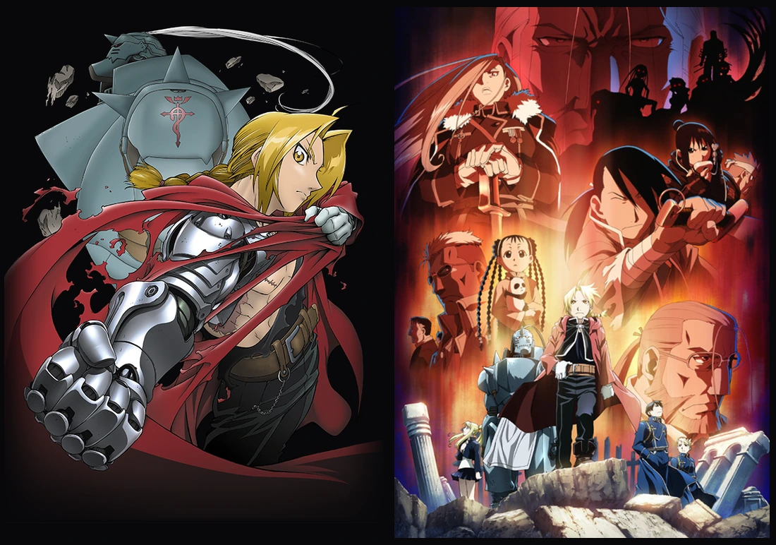 Artes oficiais de Fullmetal Alchemist de 2003, à esquerda, e Fullmetal Alchemist: Brotherhood, à direita